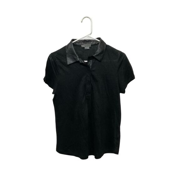 Vince Faux Leather Trim Linen Black Top Size Small Short Sleeve $245 Lightweight - Picture 5 of 6
